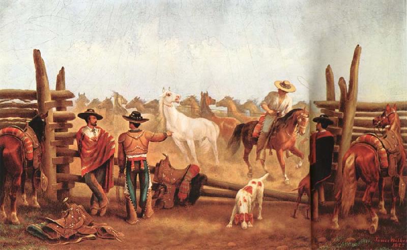 James Walker Vaqueros roping horses in a corral oil painting picture